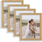 Hongkee 10x13 Picture Frame Set of 4, Made of Real Glass and Natural Oak Frame, 10 by 13 Photo for Wall or Tabletop - Display Picture 8.5x10 with Mat or 10x13 Without Mat by Hongkee