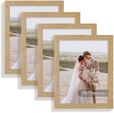 Hongkee 10x13 Picture Frame Set of 4, Made of Real Glass and Natural Oak Frame, 10 by 13 Photo for Wall or Tabletop - Display Picture 8.5x10 with Mat or 10x13 Without Mat by Hongkee