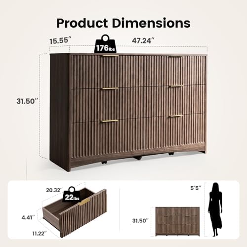 Amada Modern 6 Drawer Dresser, Fluted Wood Chest of Drawers, Walnut - Image 2