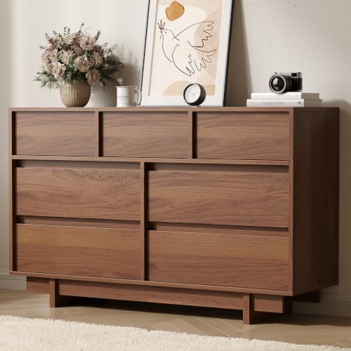 7 Drawer Walnut Dresser for Bedroom, 51.5" Wide Mid Century Modern Dresser by SINROM