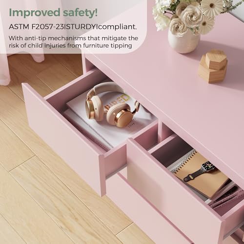 Modern 7 Drawer Dresser for Bedroom,Pink Wood Chest of Drawers,Closet Clothes Storage Organizer with Deep Drawers for Living Room Hallway Entryway,Nursery (15.3" D x 47.2" W x 32.3" H) - Image 5