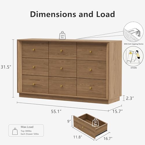 FORTUNETEC 55" Wide 9 Drawer Dresser for Bedroom, Walnut - Image 2