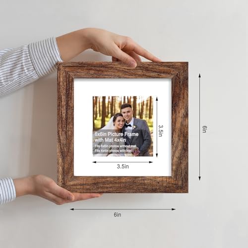 Hongkee 6x6 Picture Frame Set of 4, Made of Glass and Rustic Brown Wooden Frame - Display Picture 4x4 with Mat or 6 x 6 Without Mat, 6x6 Photo for Wall or Tabletop - Image 2