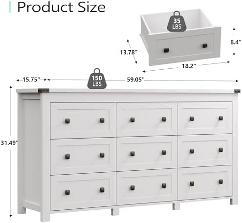 Xixini 59.1" Wide 9-Drawer Farmhouse Dresser for Bedroom, White - Image 3