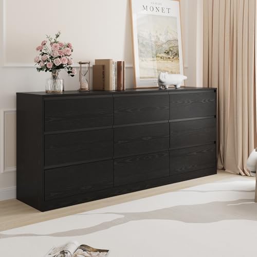 Bobve 70.9” Dresser for Bedroom with 9 Drawers, Large Modern Chest of Drawers with Deep Drawers, Wide Double Dresser Handle Free, Storage Organizer for Bedroom, Living Room, Hallway (Black) by Bobve