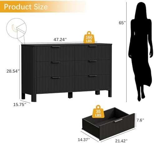 Wodeer 6 Drawer Black Dresser for Bedroom, 47"W Wood Storage Cabinet with Fluted Design, Modern Chest of Drawers & TV Stand for Living Room, Nursery Clothing Organizer with Metal Slides, Anti-Tipping - Image 2
