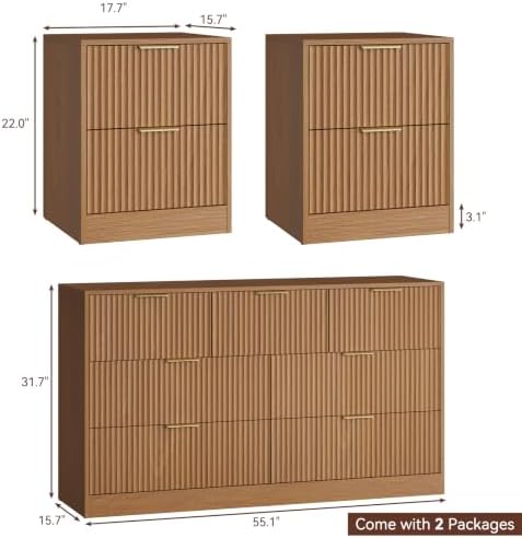7 Drawer Dresser & 2-Drawer Nightstand Set 3-Piece, Natural Wood丨55 Wide Bedroom Set Night Stand Set of 2 with Metal Handle, Fluted Wood Chest of Drawers Storage Dressers Set for Bedroom - Image 4