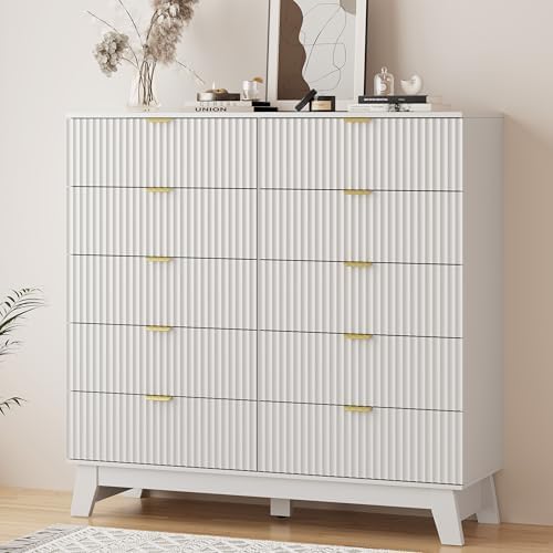 Xixini Fluted Dresser for Bedroom with 10 Drawers, 48" Wide Modern Chest of Drawers with Metal Handle, Wooden Dresser TV Stand, Wood Closet Clothes Storage Organizer for Living Room, Hallway, White - Image 7