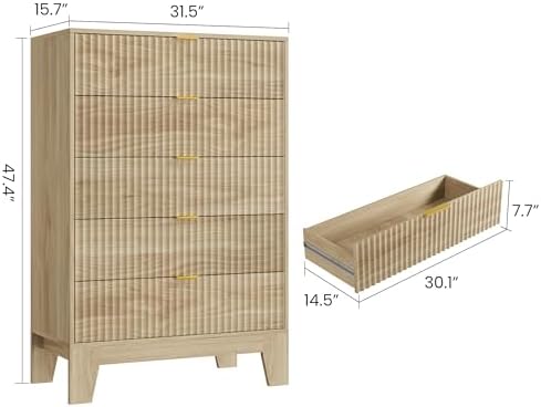 Garvee 5 Drawer Dresser for Bedroom, 47" Tall Fluted Chest of Drawers, Oak - Image 2