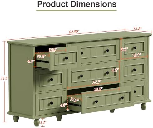 Scurrty Green 9 Drawer Dresser, Large Chest of Drawers for Closet Storage - Image 2