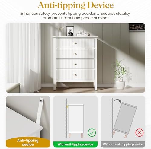 RoyalCraft White Fluted 4 Drawer Dresser for Bedroom, Modern Chest of Drawers, Wood Dresser for Storage Clothes, Wooden Storage Cabinet Nightstand for Bedroom, Hallway, Living Room, Entryway - Image 6