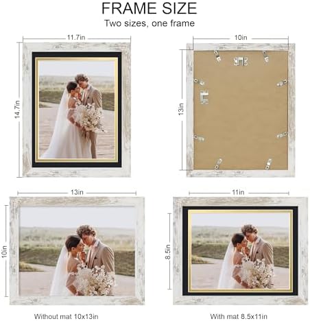 Hongkee 10x13 Picture Frame Set of 4, Made of Real Glass and Distressed White Frame, 10 by 13 Photo for Wall or Tabletop - Display Picture 8.5x11 with Mat or 10x13 Without Mat - Image 2