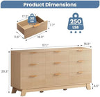 DUMOS Fluted 9 Drawer Dresser for Bedroom, 57.1" Wide Modern Chest of Drawers with Gold Metal Handles, Wooden Dresser TV Stand, Storage Organizer Unit for Living Room, Hallway, Natural Oak - Image 2