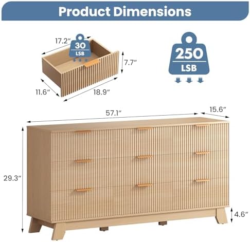 DUMOS Fluted 9 Drawer Dresser for Bedroom, 57.1" Wide Modern Chest of Drawers with Gold Metal Handles, Wooden Dresser TV Stand, Storage Organizer Unit for Living Room, Hallway, Natural Oak - Image 2