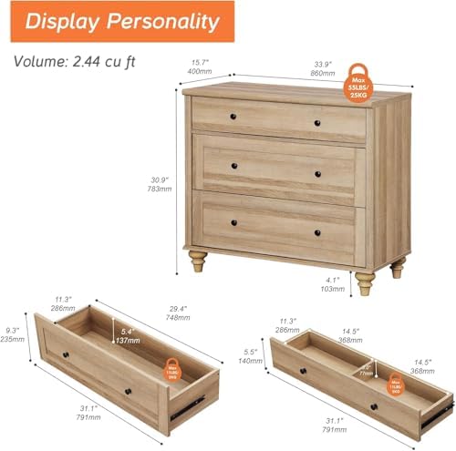 WAMPAT Dresser for Bedroom with 3 Drawers, Oak Wood Dressers - Image 2