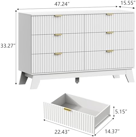 Wodeer 6 Drawer Fluted Dresser for Bedroom, Mid Century Modern Dresser with 6 Drawers, Dressers & Chests of Drawers with Metal Handle, TV Stand & Storage Organizer for Entryway, Hallway, White - Image 2