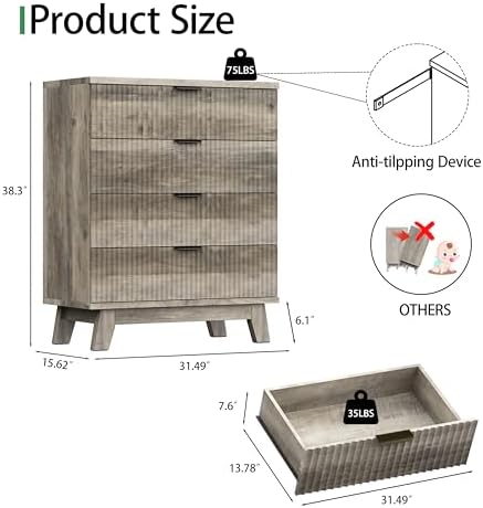 Xixini Fluted Nightstand with 4 Drawers, 31.5" Wide Side Table, Grey - Image 2