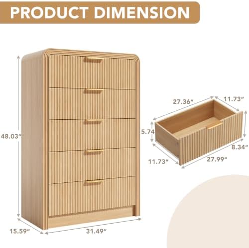 Decofy 48" H Fluted 5-Drawer Dresser for Bedroom, Natural Oak - Image 2