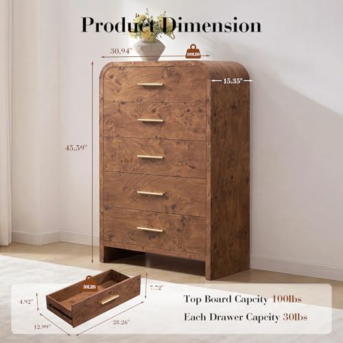 Curved Drawer Dresser for Bedroom with 5 Drawers, 31'' Wide Chest of Drawer - Image 2