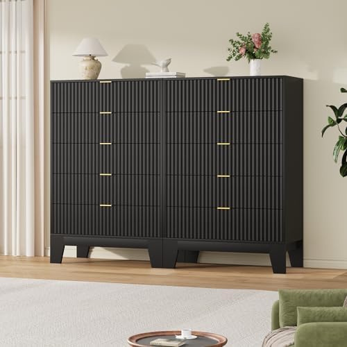 5 Drawer Dresser for Bedroom, 47" Tall Fluted Chest of Drawers, Black - Image 7