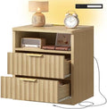 TEENFON Fluted Night Stand, Nighstand with Charging Station and LED Light, Modern Bed Side Table for Small Space, Storage Drawer and Open Shelf, for Bedroom, Natural by TEENFON