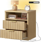 TEENFON Fluted Night Stand, Nighstand with Charging Station and LED Light, Modern Bed Side Table for Small Space, Storage Drawer and Open Shelf, for Bedroom, Natural by TEENFON