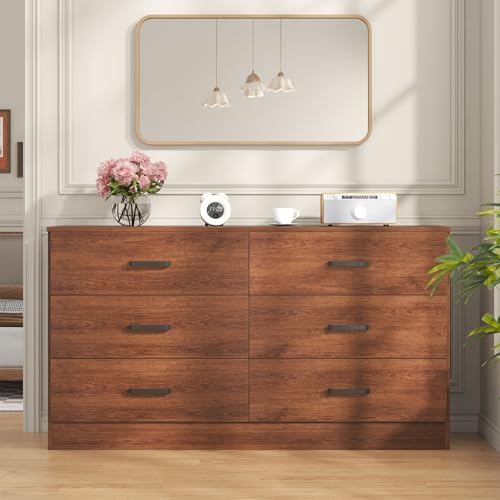 Bigbiglife Wood Dresser for Bedroom, 6 Drawer Double Dresser, Mid Century Modern Chest of Drawers with Deep Drawers, Large Storage Organizer for Living Room, Closet(Walnut Brown) - Image 6