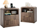 Decofy Fluted Nightstand Set of 2 with Charging Station, 2 Drawers, Walnut by Decofy