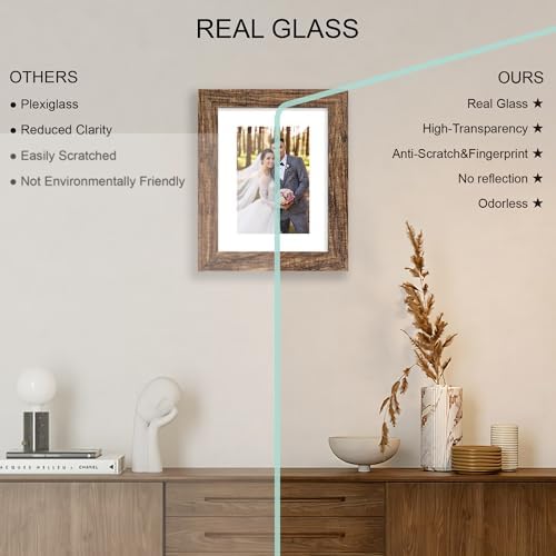 Hongkee 6x8 Picture Frame Set of 4, Made of Real Glass and Rustic Brown Frame - Display Picture 4x6 with Mat or 6x8 Without Mat, 6 by 8 Photo for Wall or Tabletop - Image 4