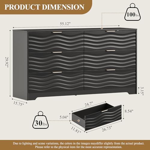 MALOL Coastline Fluted 6 Drawers Dresser for Bedroom, 55" Wide Modern Chest of TV Stand Organizers with Metal Handle, Storage Wooden Dresser Drawer for Living Room, Hallway, Closet, Black Wood - Image 2