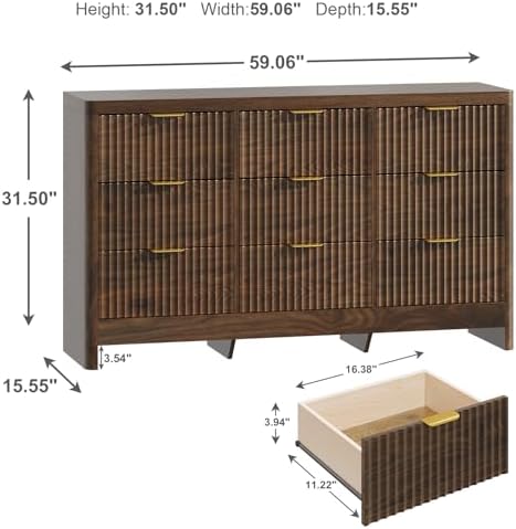 Fluted 9 Drawer Dresser for Bedroom, 59" Horizontal Wide Modern Low Profile Chest of Drawers with Metal Handle & Storage, Long Wooden Dresser TV Stand for Living Room & Closet, Walnut Brown Dresser - Image 2