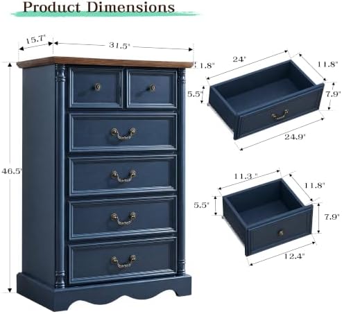 Farmhouse 6 Drawers Dresser, 47" High, Blue - Image 2