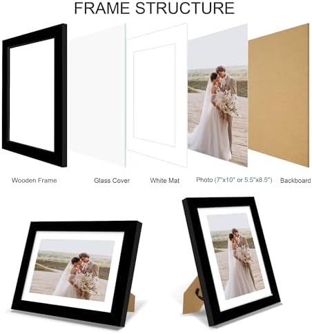 Hongkee 7x10 Picture Frame Set of 4, Made of Real Glass and Black Frame - Display 5.5 x 8.5 Diploma Frame with Mat or 7x10 Without Mat, 7 by 10 Photo for Wall or Tabletop - Image 3