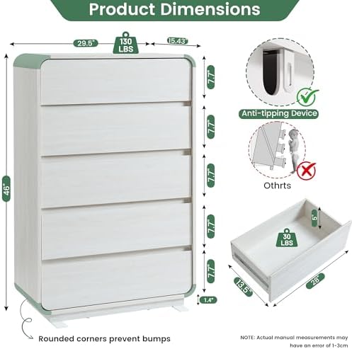 Standifurno White 5 Drawers Dresser, Curved Dresser with Storage Organizer, Modern Drawer of Handleless, Large Chest of Drawers for Living Room, Nursery, Entryway, 29.5’’W - Image 2