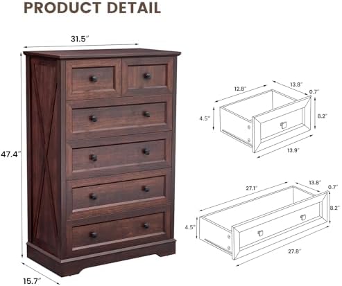 Farmhouse 6 Drawers Dresser Chests for Bedroom,Dark Cherry Red Wood Dresser - Image 2