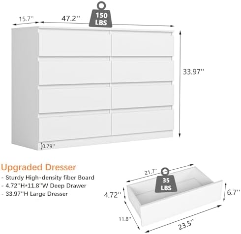 VERYKE White 8 Drawer Dresser for Bedroom,Chest of Drawers with No-Handle Design for Closet,Modern Wood Dresser Bedroom Storage Furniture - Image 3