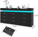 Hlivelood 9 Drawer Dresser with LED Light and Charging Station, Modern Chest of Drawers for Closet, Wide Drawer Organizer Cabinet for Bedroom, Living Room, Entryway, Hallway(9 Drawer Black) - Image 2