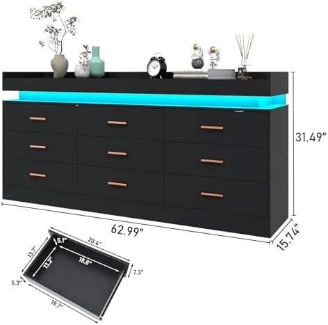 Hlivelood 9 Drawer Dresser with LED Light and Charging Station, Modern Chest of Drawers for Closet, Wide Drawer Organizer Cabinet for Bedroom, Living Room, Entryway, Hallway(9 Drawer Black) - Image 2