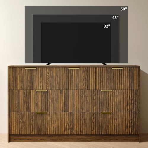 Walnut Dresser with 7 Drawer 55" Wide Fluted Dresser for Bedroom丨Modern Chest of Drawer with Metal Handles, Wood TV Stand for Bedroom, Living Room, Entryway, Hallway, Walnut - Image 6