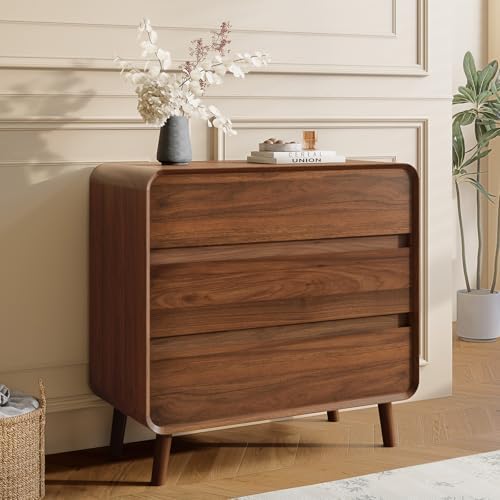 Nasonet 3 Drawer Dressers for Bedroom, Mid Century Modern Chests of Drawers, Curved Dresser with Storage Drawer, Wooden Bedroom Furniture Drawer for Closet, Home Office, Walnut by Nasonet