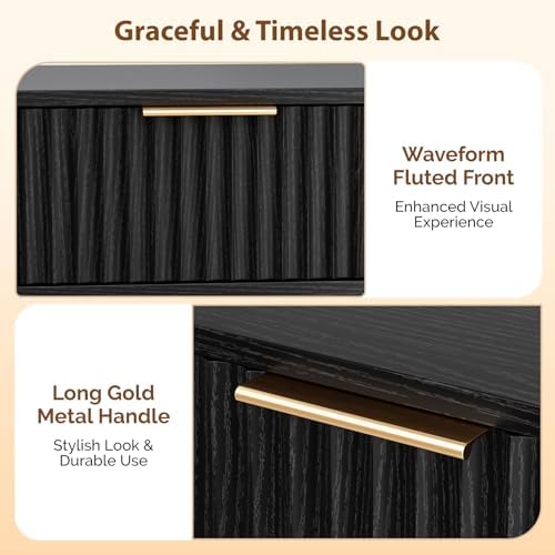 VINGLI Fluted Nightstand with Drawer, 19" W Mid Century Modern Nightstand for Bedroom, Bedside Table, End Tables Bedroom, Wood Night Stand, Black, 18.9" W*14.96" D*24" H - Image 3