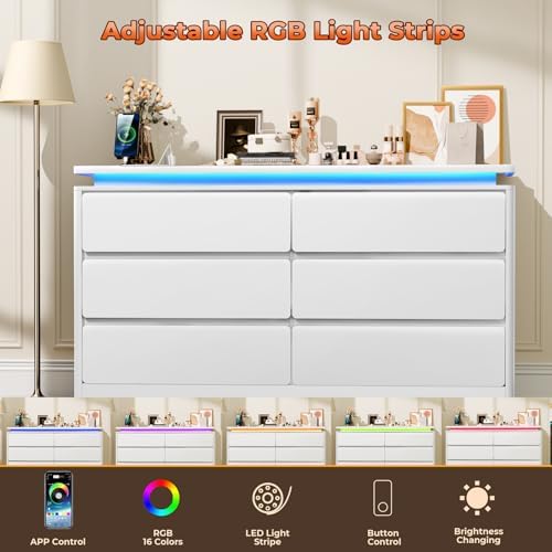 6 Drawer Dresser for Bedroom,47.24"Long White Chest of Drawers w/LED Lights - Image 5