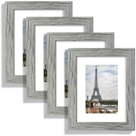 Hongkee 6x8 Picture Frame Set of 4, Made of Real Glass and Grey Frame - Display Picture 4x6 with Mat or 6x8 Without Mat, 6 by 8 Photo for Wall or Tabletop by Hongkee