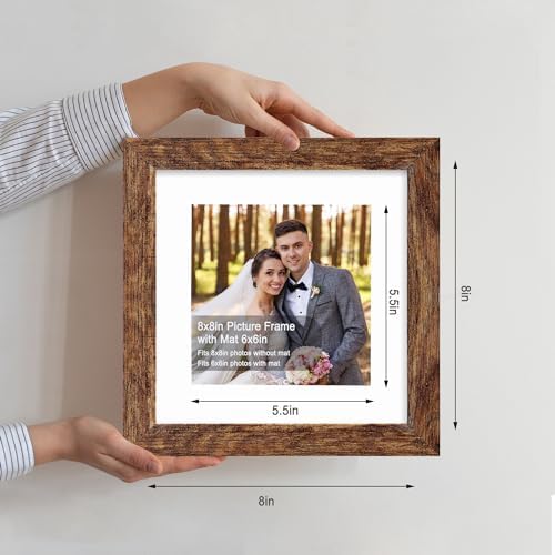 Hongkee 8x8 Picture Frames Set of 4, Made of Glass and Rustic Brown Wooden Frame - Display Picture 6x6 with Mat or 8 x 8 Without Mat, 8 by 8 Photo for Wall or Tabletop - Image 2