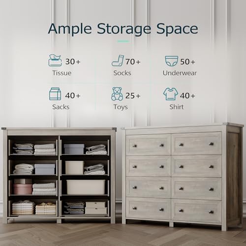 Xixini 47.2" Wide 8-Drawer Farmhouse Dresser for Bedroom, Light Grey - Image 4