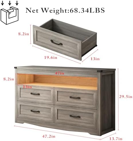 Wodeer Grey Dresser for Bedroom, Wooden 4 Drawer Dresser with LED Light, Dressers & Chests of Drawers with Metal Handles, Storage and Organization for Bedroom, Hallway, Entryway, Gray - Image 3