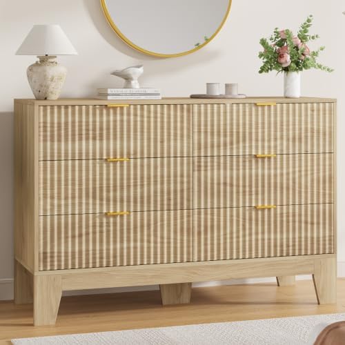 Garvee 6 Drawer Dresser for Bedroom, 47" Wide Fluted Chest of Drawers, Oak by Garvee
