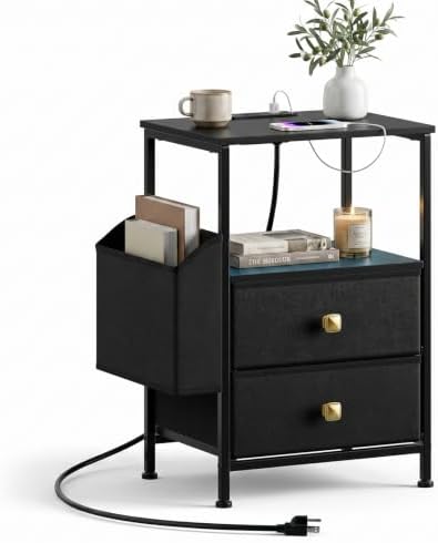 MALOL 2 Drawer Night Stand with Charging Station, Black by MALOL