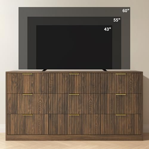 Walnut Dresser with 9 Drawer 63" Wide Fluted Dresser for Bedroom丨Long Dresser Modern Chest of Drawers with Gold Handle, Wood TV Stand Storage Organizer for Bedroom, Living Room, Walnut - Image 6