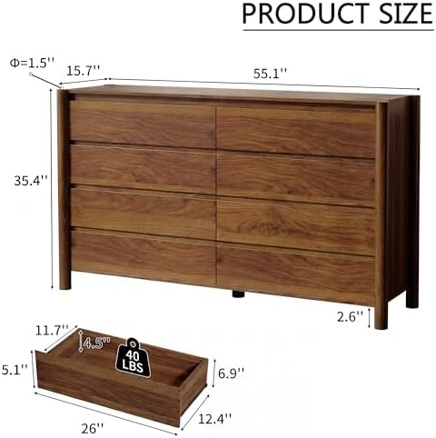 HOUROM Walnut Dresser for Bedroom,55"Wide 8 Drawer Mid Century Modern Chest - Image 2
